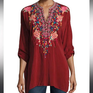 Johnny Was Gemstone Embroidered Red Blouse Sz Small